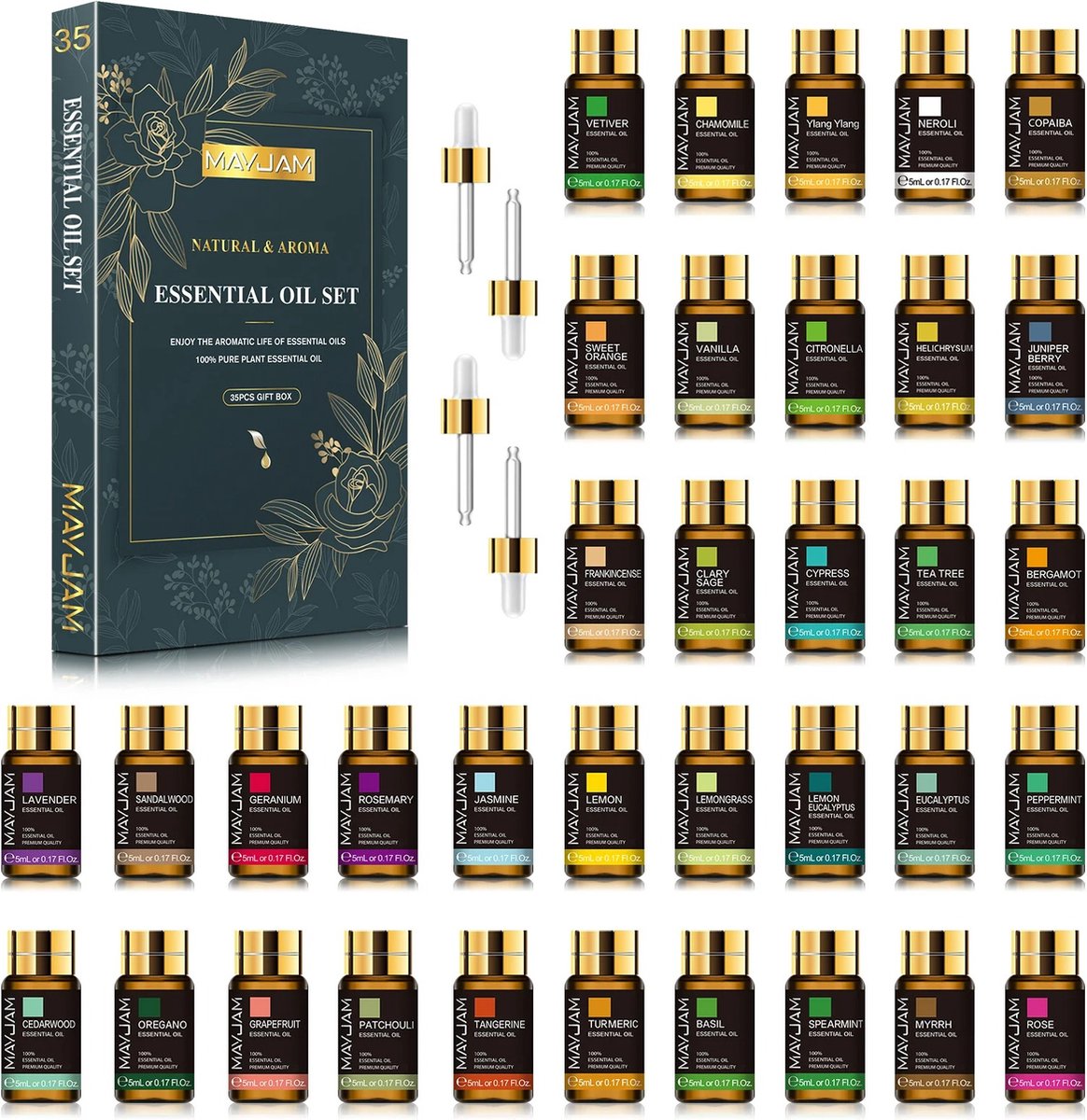 Nueva Vida - Essentiële Oliën - Etherische Olie - Aroma Therapie - Geur Olie - Voor Geur Diffuser - Bad Olie - 35 Stuks - Verschillende Geuren - Ook Mooi Als Cadeau
