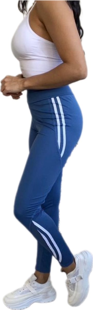 Sportlegging - Dames - Highwaist - Maat S-M 36-38 - Yoga legging - Blauw - doorzichtig stukje benen.