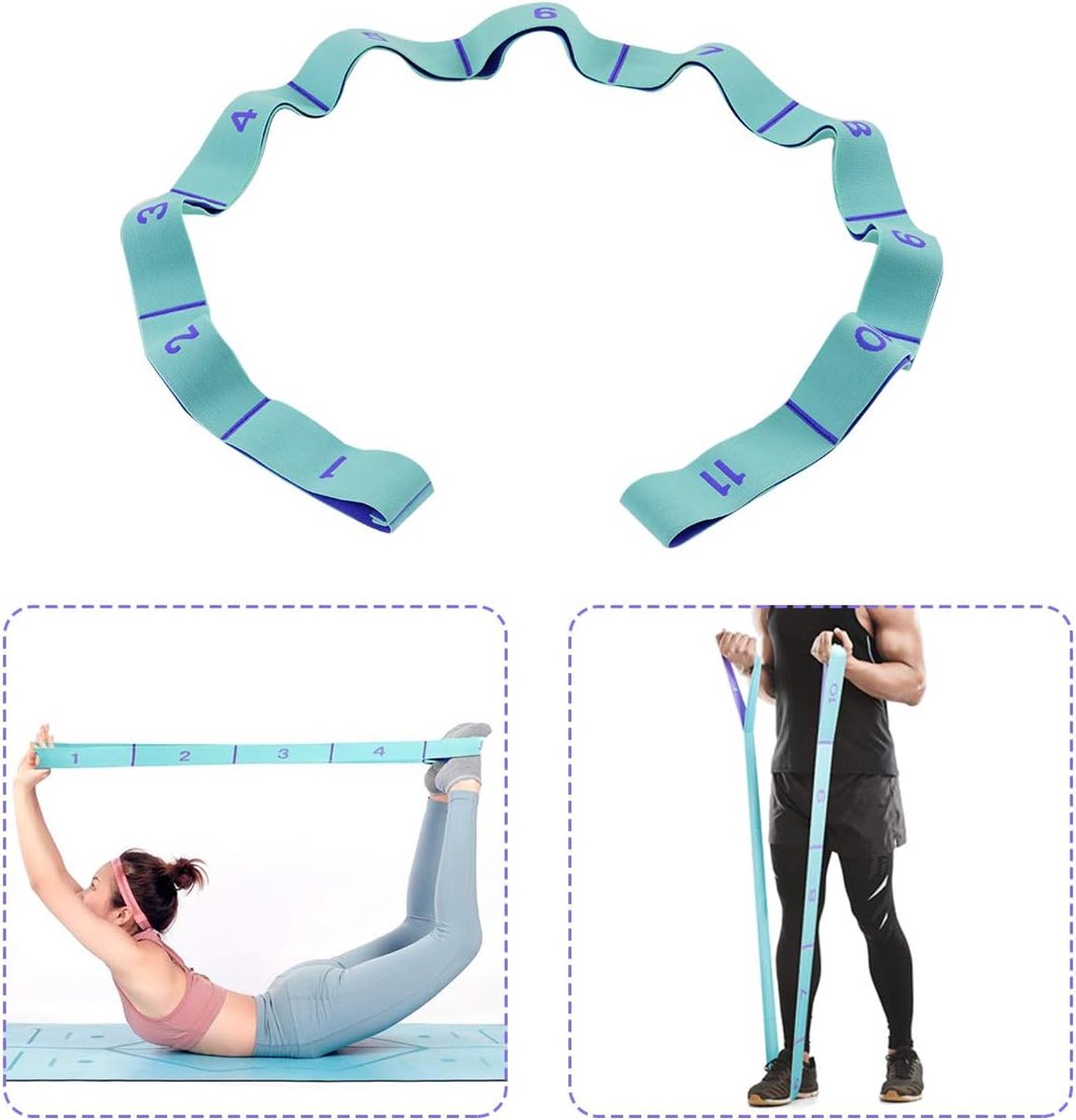 11-cijferige elastische oefenriem, yoga stretch-assist-riem Genummerde lussen, wasbaar, gemakkelijk mee te nemen Hoge stretchband voor yoga, dansen, assistentie, revalidatie
