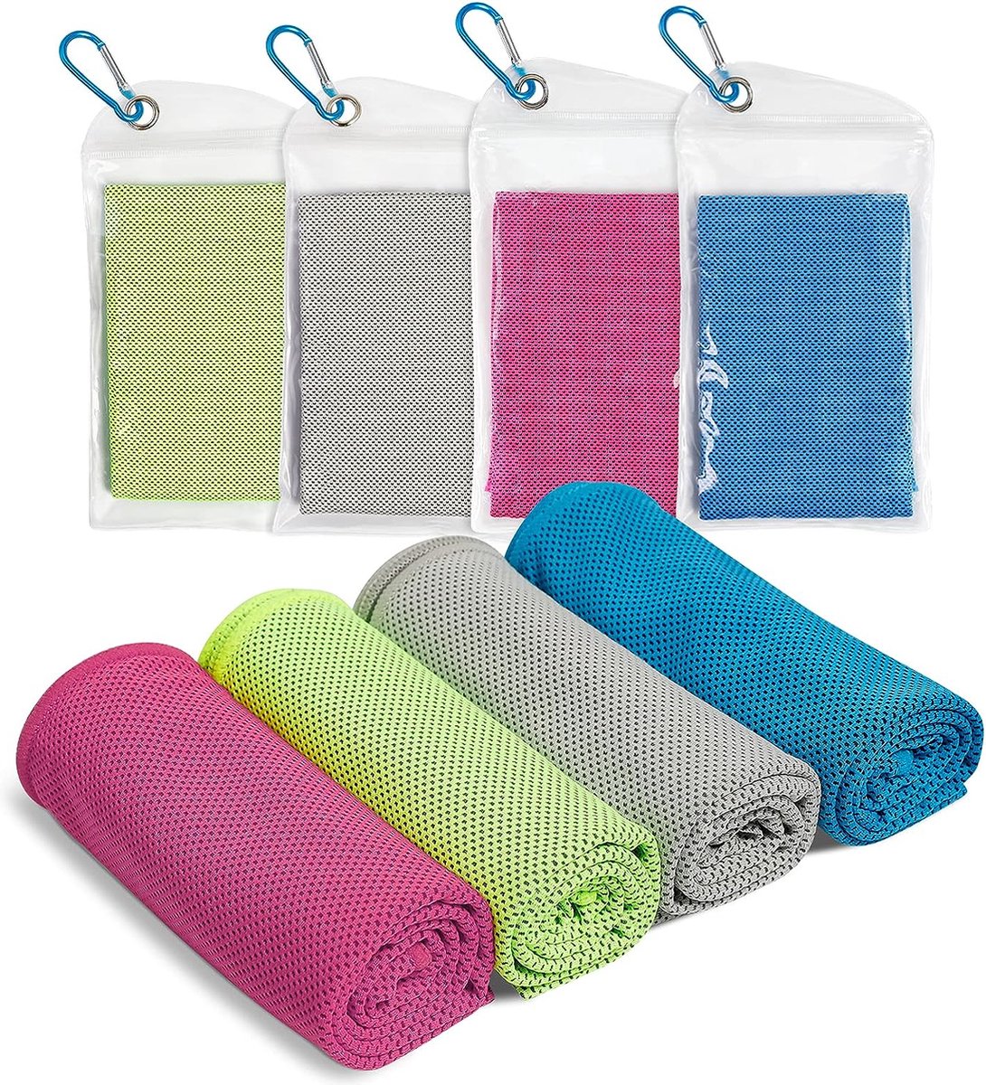 4 stuks koelhanddoek fitnesshanddoek koelhanddoek voor onmiddellijke koeling met 4 waterdichte tanden microvezel sporthanddoek voor campers, wandelen, yoga, golfen, stimulerend, binnen en buiten, 30 x 100 cm