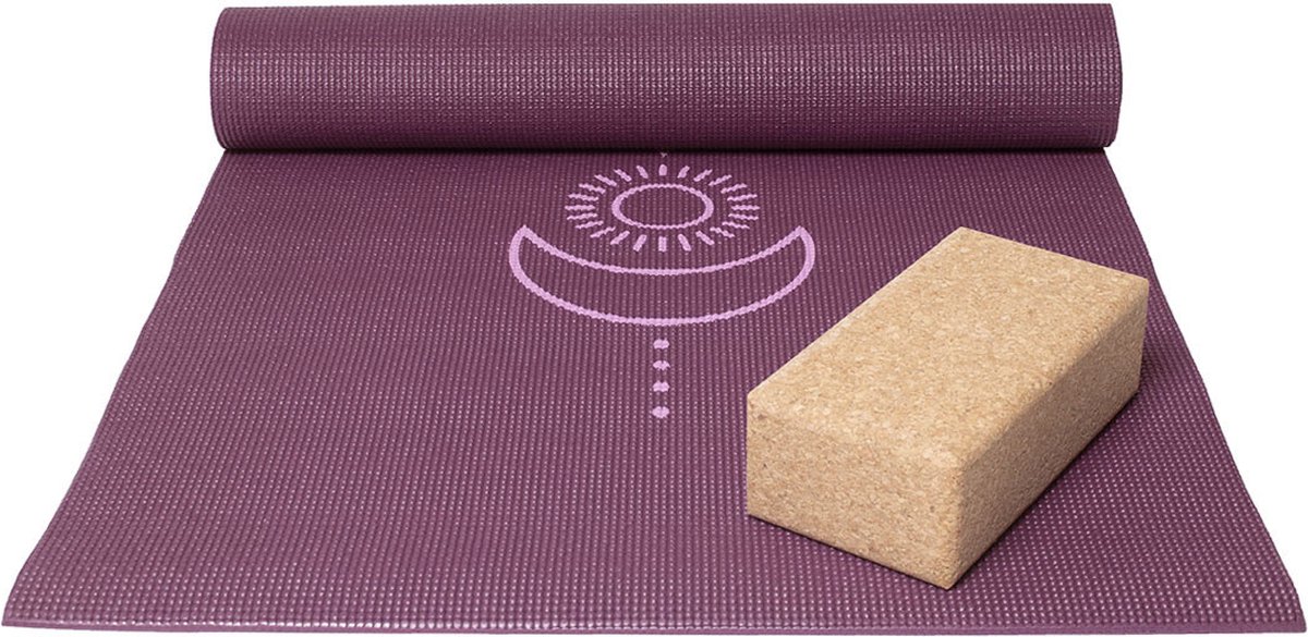 Basispakket yogamat en blok - balance donkerpaars