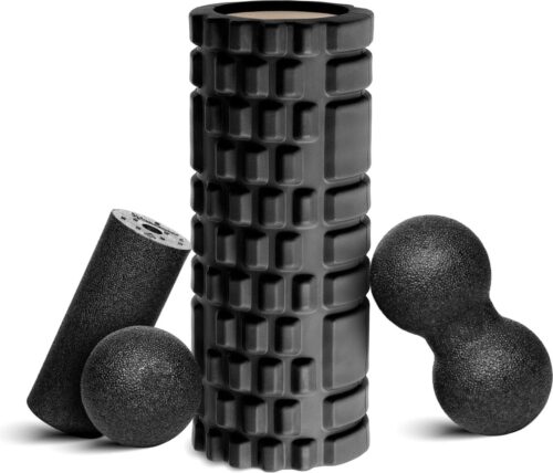 Fasciarol fasciabal foam roller-fasciarol set, 33 x 14 cm fasciarol, zwarte mini-rol L 15 x D6 cm, fasciabal D8 cm en duo-bal D8 cm in set, fasciabal miniset carbon (zwart upgrade)