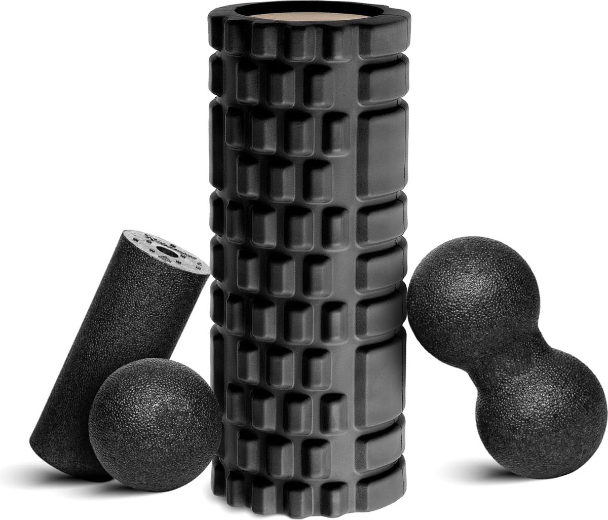 Fasciarol fasciabal foam roller-fasciarol set, 33 x 14 cm fasciarol, zwarte mini-rol L 15 x D6 cm, fasciabal D8 cm en duo-bal D8 cm in set, fasciabal miniset carbon (zwart upgrade)