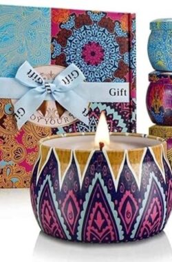 Geurkaarsen Geschenken voor vrouwen, draagbare Tin Gift Set van 4 Pack, soja wax met essentiële oliën, mediterrane vijg, citroen, lente, lavendel voor luchtreiniging en aromatherapie ontspanning
