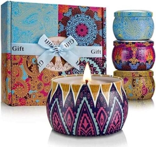 Geurkaarsen Geschenken voor vrouwen, draagbare Tin Gift Set van 4 Pack, soja wax met essentiële oliën, mediterrane vijg, citroen, lente, lavendel voor luchtreiniging en aromatherapie ontspanning