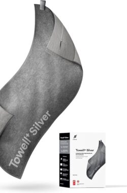 Gym Towell+ Silver 105 x 42,5 cm Silver Grey, antibacteriële sporthanddoek met magneetclip & antislip, fitnesshanddoek met tas