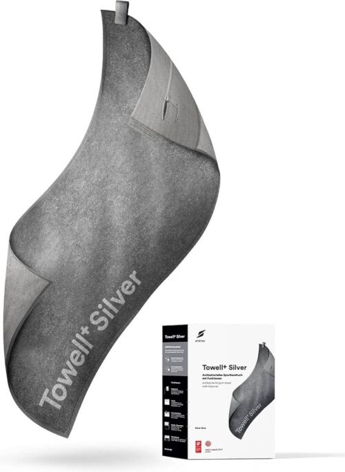 Gym Towell+ Silver 105 x 42,5 cm Silver Grey, antibacteriële sporthanddoek met magneetclip & antislip, fitnesshanddoek met tas