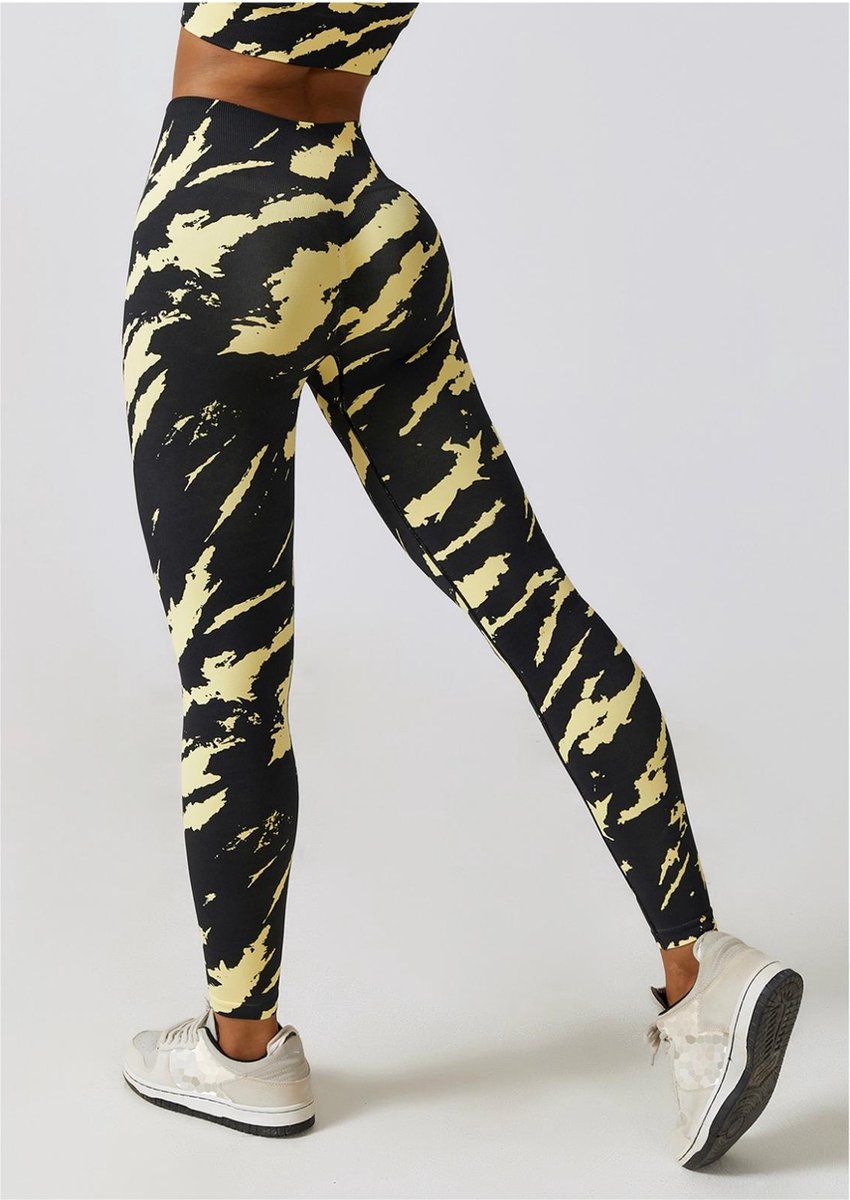 PRINTED GYM LEGGING - Maat L - Multicolour Zwart/Geel - Fitness legging - Gym Legging - Sportlegging - Yoga legging