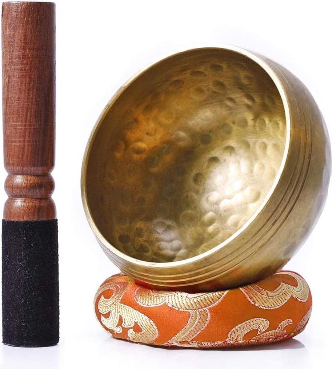 Tibetaanse Klankschaal Set | Meditatie Schaal met Aanstrijkhout & Kussen | Singing Bowl | Klank Schaal | Yoga, Chakra | Oranje - 8 cm