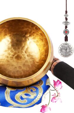 UNIDEAL Tibetaanse klankschaalset, Singing Bowl uit Tibet met klepel en klankschaalkussen, wordt geleverd met 2 belofte koperen ornamenten, handgemaakt in Nepal, voor yoga meditatie, ontspanning