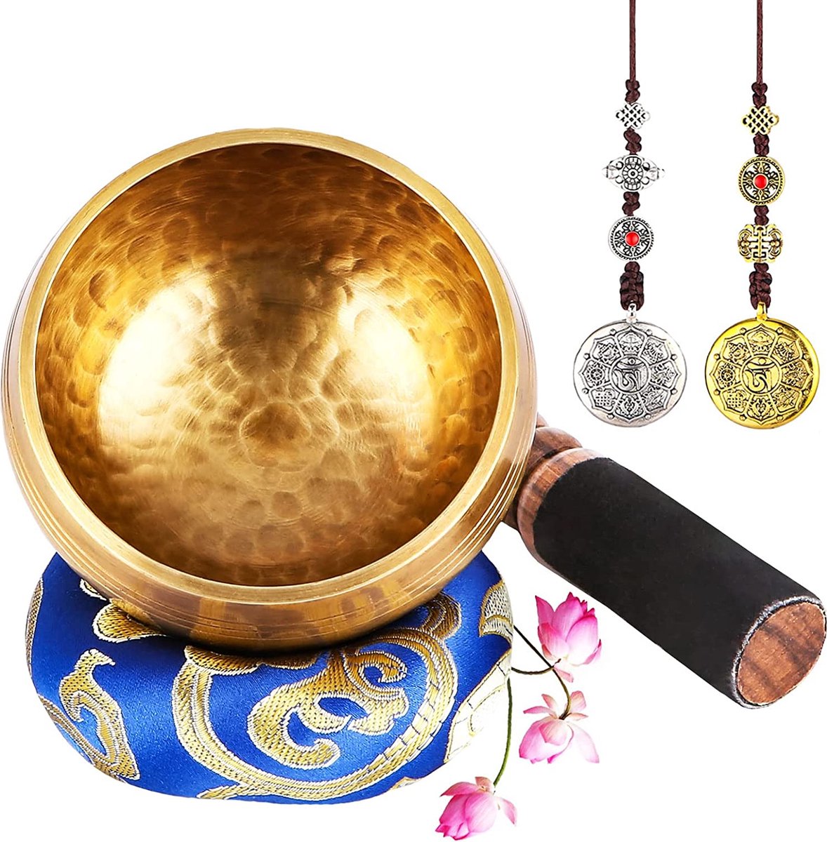 UNIDEAL Tibetaanse klankschaalset, Singing Bowl uit Tibet met klepel en klankschaalkussen, wordt geleverd met 2 belofte koperen ornamenten, handgemaakt in Nepal, voor yoga meditatie, ontspanning