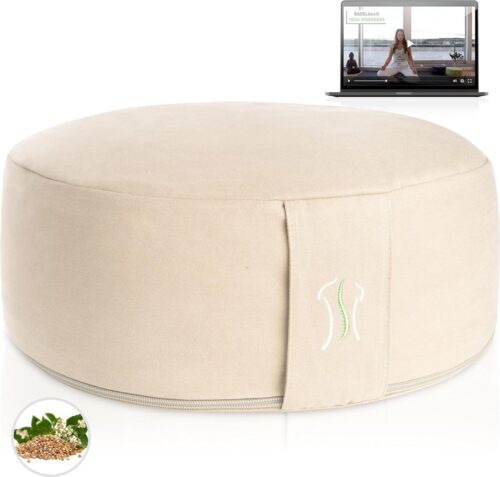 Yoga kussen, meditatiekussen XL Ø35cm [30% meer zitvlak], 15 cm hoog met boekweitvulling, perfecte meditatie-accessoires, yogakussen rond incl. videocursus - poef zitkussen vloer