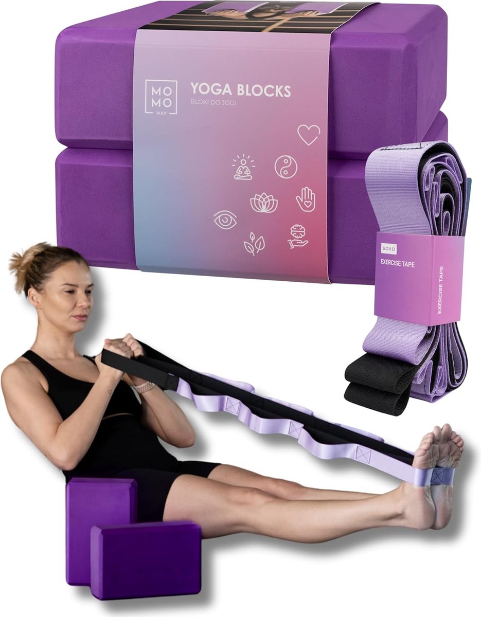 Yogablok Set van 2 met yogariem, 210 cm in paars, yoga-blokken EVA-schuim, fitnessaccessoires voor pilates, stretching, rugtraining, yogaband en yogaband voor beginners en gevorderden
