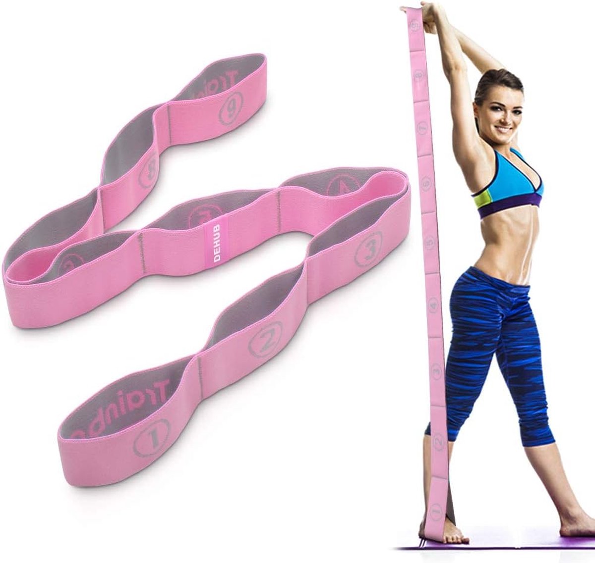 Yogaset, stretch yogaband met 9 strikken, wasbaar, gemakkelijk te dragen en zeer elastische gymnastiekband, ideaal stretchband voor warme yoga (roze)