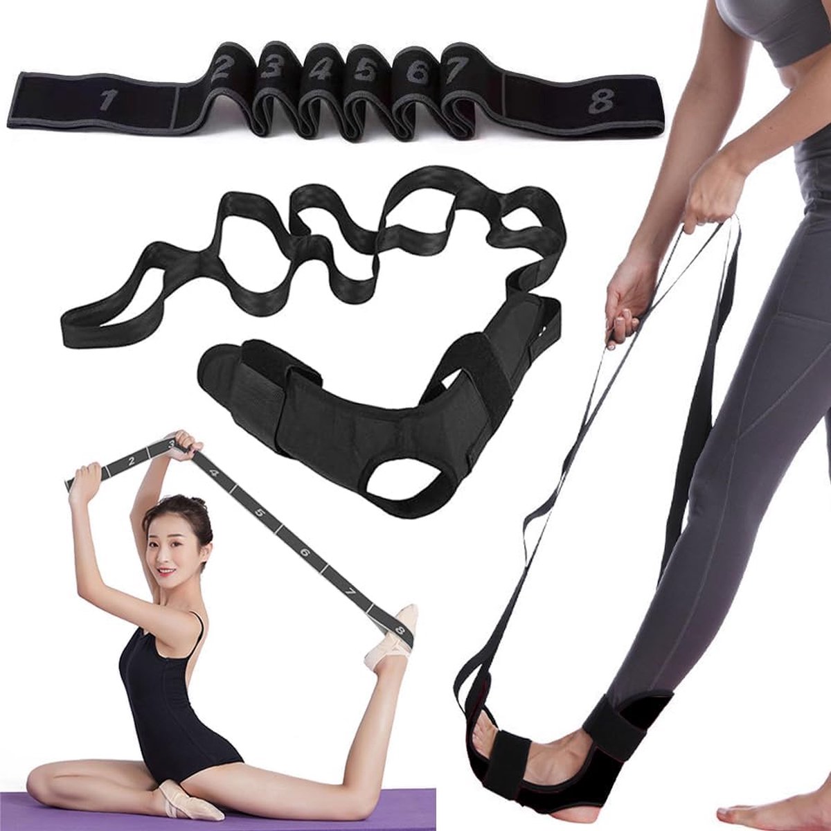2 yogabanden, elastische sport-fitnessbanden, yoga-stretchbanden met 8 lussen