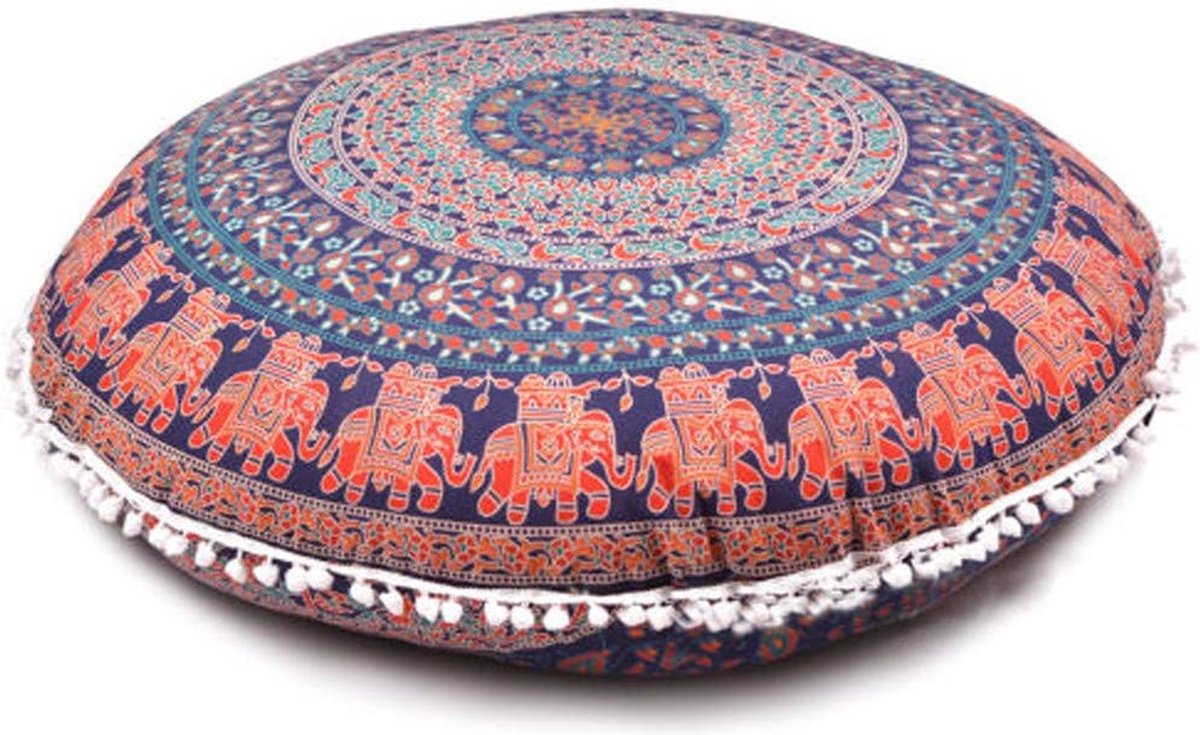 Indiaas mandala-tapijt, ronde zitplaatsen, mandala-kussen, meditatie kussensloop, handgemaakte kusseninzet, ronde mandala-kussen, blauw en rood