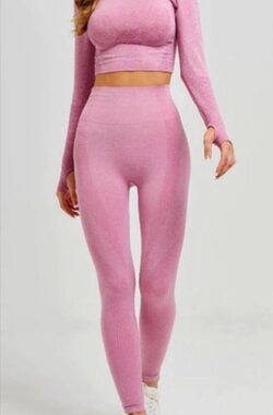 Jumada’s – Sport outfit – Crop top met lange mouwen – High waist legging – Naadloos – Squatproof – Roze – M