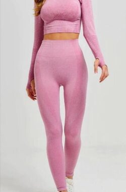 Jumada’s – Sport outfit – Crop top met lange mouwen – High waist legging – Naadloos – Squatproof – Roze – S