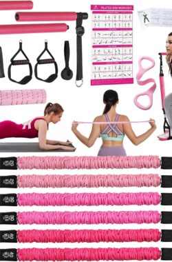 Luxe Duurzame Pilates set voor Vrouwen – Pilates Bar, ALongSong Pilates Bar van staal met 6 weerstandsbanden van natuurlijk latex buismateriaal 20-240 lbs, schuimroller en elastische rugband, thuisfitness voor dames