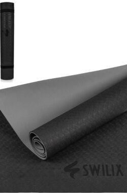 SWILIX ® TPE Yoga Mat – fitnessmat – 190 x 66 cm Groot sportmat – Incl. Draagriem En Draagtas – Zwart/Grijs