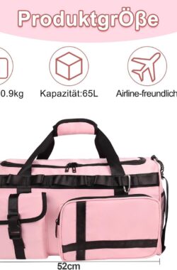 Sporttas voor dames, grote sporttas met schoenenvak en vak voor nat gebruik, voor dames en heren, 65 liter, reistas, zwemtas, weekendtas, (pink)