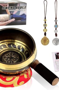Tibetaanse klankschaal – Klankschalen Set Met 3 koperen Ornamenten – Klankschaalkussens en hout-/leren Knokkels – Geschenkdoos – Rust en Ontspanning