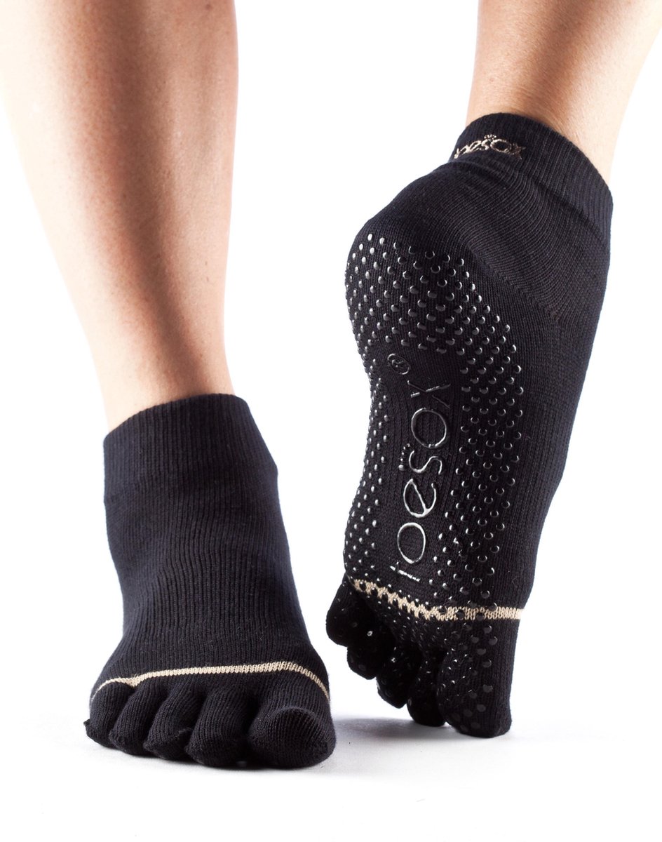 Toesox Yoga Ankle Grip Socks teensokken - Zwart - 45-49