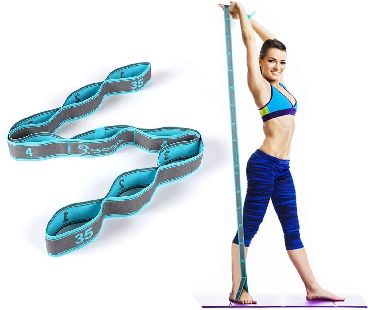 Yogaset, yoga-stretchband met 8 lussen, wasbaar, gemakkelijk te dragen en zeer elastische gymnastiekgordel, ideale stretchband voor warme yoga
