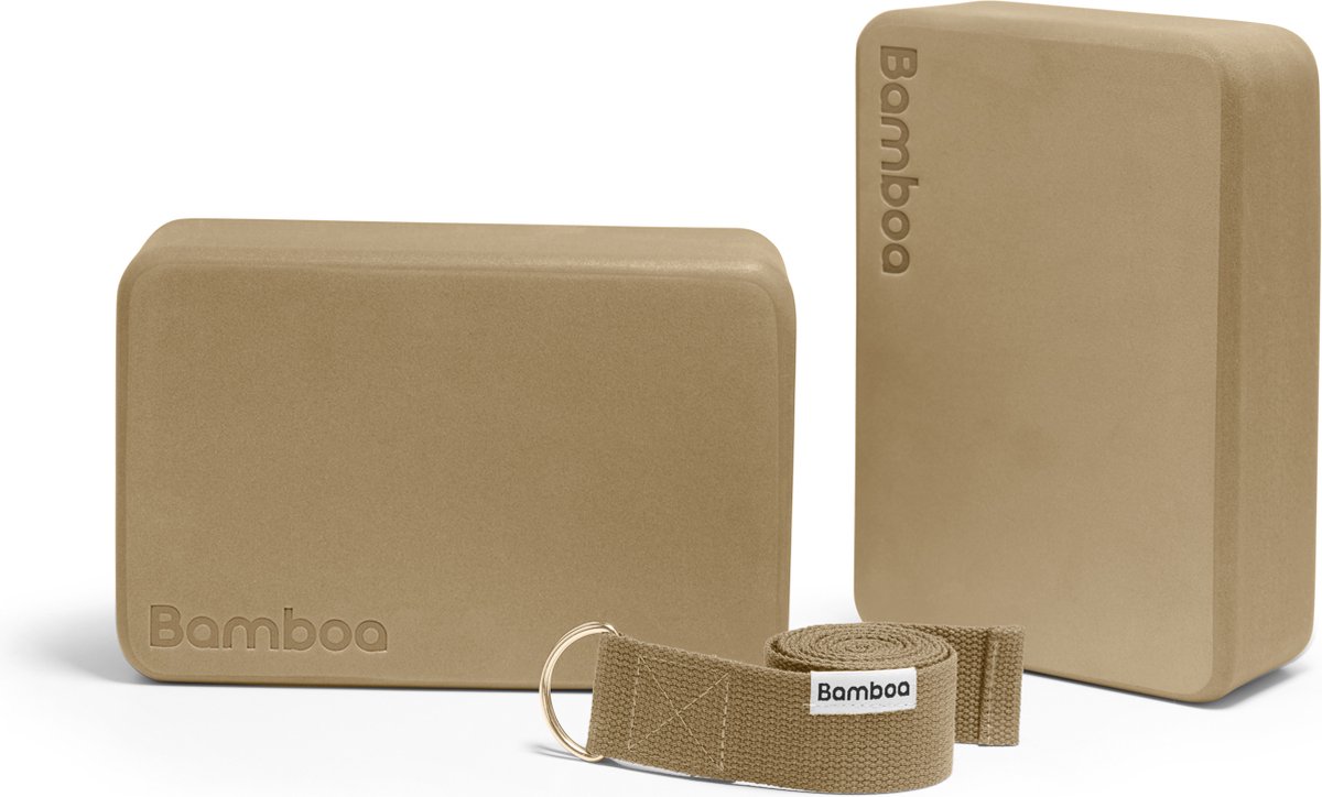 Bamboa Yogablokken Set Beige/Sand + Gratis Yoga Riem | Ronde hoeken | EVA Foam | 2 Yoga Blokken