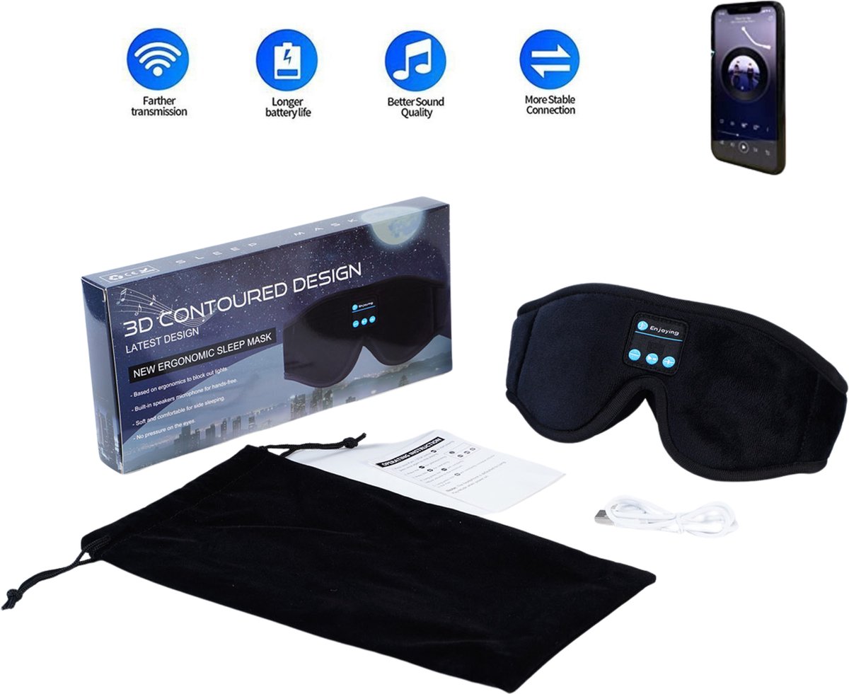 Eramic - Slaapmasker Koptelefoon Bluetooth - Oogmasker Slaap - Vrouwen, Kinderen & Mannen - Hoofdband Draadloos - Sleepphones - Zijde - Sleeping - Met Speakers - Verduitsterend - Spons Speaker - Zwart