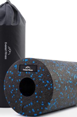 Fasciarol 30 cm medium hard in zwart/blauw incl. boekje – Professionele fasciarol voor rug en wervelkolom – Foam Roller – Massage Roller – Fitness Roll – Yoga Massage Roller met Everest Fitness