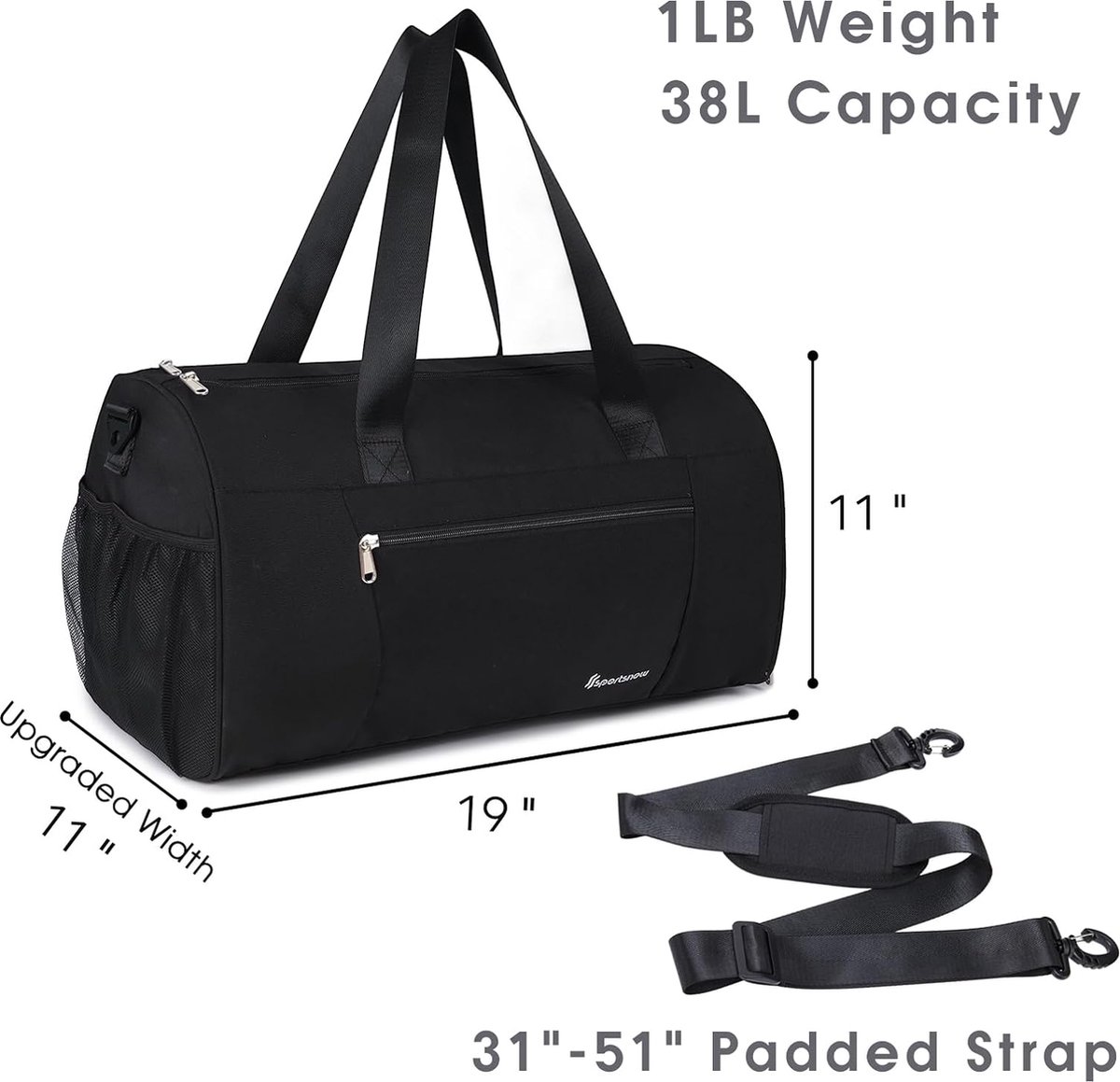Sporttas met natte zak en schoenenvak, fitness-trainingstas voor mannen en vrouwen, Zwart-1,