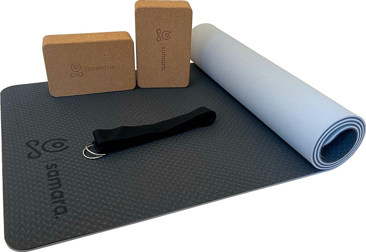 Yoga Set met Premium Yoga Mat, 2 x 100% Ecologische Yoga Blokken gemaakt van Natuurlijk Kurk en Hoogwaardige Yoga Strap - Antislip, Duurzame TPE Sport- en Fitnessmat - voor Beginners en Gevorderden
