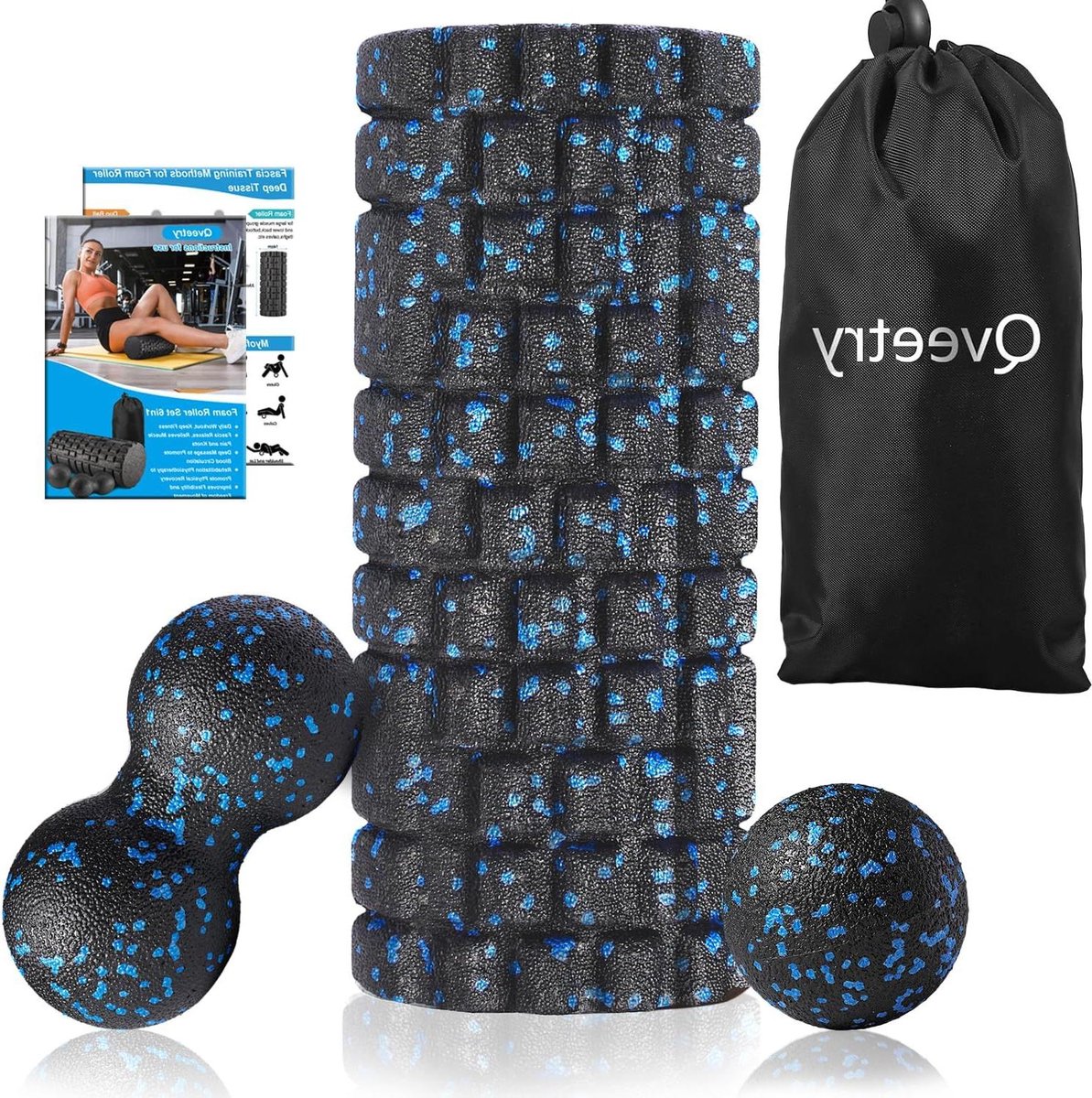 4-in-1 fascia rollenset met fasciabal en duobal - fascia training van spieren - foamroller voor dieptespiermassage - pilates yoga sport (zwart-blauw) stretching foam roller