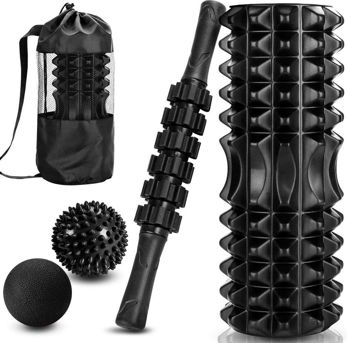 4-in-1 zwarte schuimroller & massagestokset - diepe weefselschuimroller set met 2 massageballen - massagerolstok voor fitness yoga - ontspanning en pilates stretching foam roller