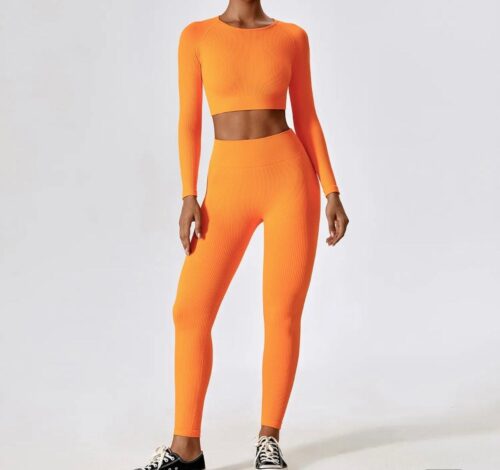 AUTUMN RIB GYM SET - Maat S - Oranje - 3delig - Ribbed - Gymkleding - Sportkledingset - Sportset - Sport top & legging - Yogaset - Yogalegging & top