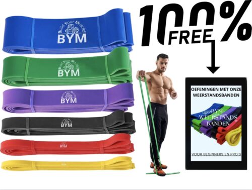 BYM-Sport Weerstandsbanden - Resistance Bands - Fitness Elastiek - Pull-Up Bands - Set van 6 Banden - Workout voor Thuis/Gym - 5kg tot 80kg - + één E-Book GRATIS