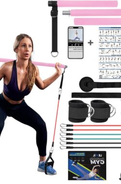 Draagbare Pilates Bar Oefenkit – Pilates Bar met Stapelbare Weerstandsbanden – Home Gym Apparatuur voor Mannen en Vrouwen – Body Toning Workout Kit met Fitness Video – Paars