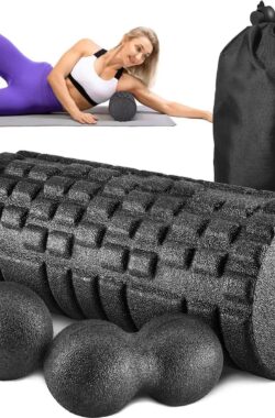 Fasciarollenset 4-in-1 met fasciabal en duobal – fascia-training spieren – schuimroller diepe spiermassage – pilates yoga – zwart stretching foam roller