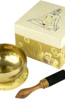 Gesmede klankschaal Lokta-papier Nepal crèmekleurige pad houten stok -5034-L- Zangschaaltje yoga meditatie ontspanning singing bowl set