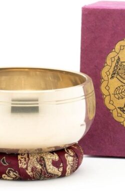 Klankschaal met Dhyani-Boeddha-reliëf – Prachtige geschenkdoos van duurzaam natuurlijk papier – Fair Trade uit Nepal – Inclusief klopel/ring – Handgemaakt – Meditatie en ontspanning singing bowl set