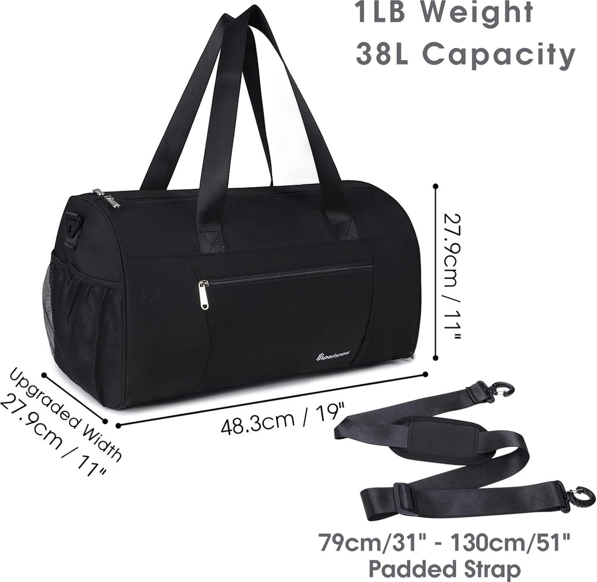 Sporttas met natte zak en schoenenvak, fitness-trainingstas voor mannen en vrouwen, Zwart-1