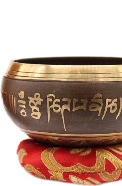 Tibetaanse klankschaal met sokkel en houten koepel – handgemaakt in Nepal voor genezing bewustzijn en meditatie – Golden Etched – Meditatieklankschaal – Tibetaans handgemaakt singing bowl set
