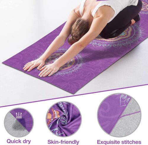 Yoga Towel, Non Slip Hot Yoga Mat Yoga Blanket Printing Pattern Quick Dry with Corner Pocket for Bikram, Pilates, Gym Workout, Outdoor Picnic, Purple Mandala