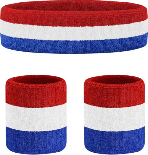 Zweetband rood/wit/blauw, 1 hoofdband en 2 stuks pols zweetbandjes, sporthoofdband voor heren en dames, sportzweetband voor het voorhoofd, badstof, voor voetballen, fietsen, hardlopen, joggen, tennis, kampioenschap, zweetbanden