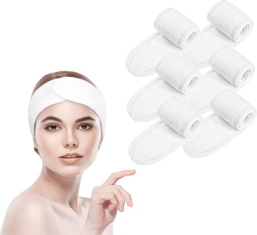 6 stuks cosmetica haarband met klittenbandsluiting, SPA cosmetische hoofdband badstof haarbeschermingsband voor douches, make-up en cosmetica (wit)