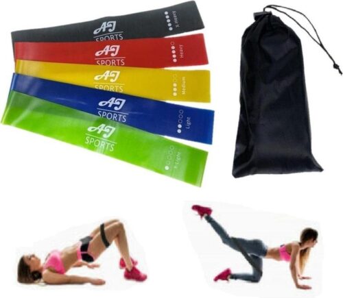 AJ-Sports Latex Weerstandsbanden - Booty bands - Fitness elastiek - Weerstandbanden - Fitness band - Set van 5 weerstandsbanden - Resistance band - Fitness elastiek - Fitness - Workout - Inclusief draagtas