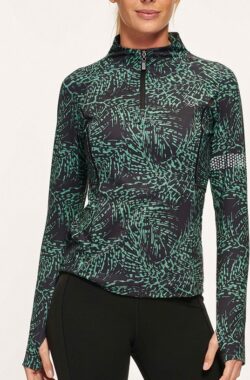 Active panther julia zip leo top in de kleur zwart groen, dames loopshirt sport training shirt met lange mouwen,