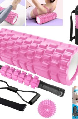 Fasciarol 6-in-1 schuimroller set met massageroller staaf – weerstandsbanden – krachttraining – massagebal – fitnessbanden – 33 cm schuimrol voor yoga pilates met poster (roze)