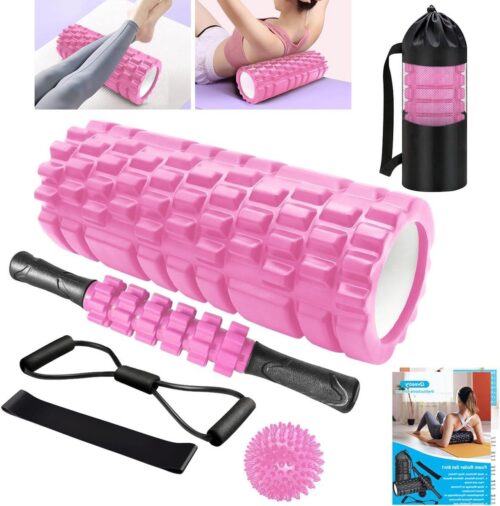 Fasciarol 6-in-1 schuimroller set met massageroller staaf - weerstandsbanden - krachttraining - massagebal - fitnessbanden - 33 cm schuimrol voor yoga pilates met poster (roze)